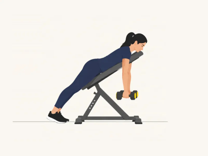 Chest-supported dumbbell row: start, arms hanging, chest on the bench