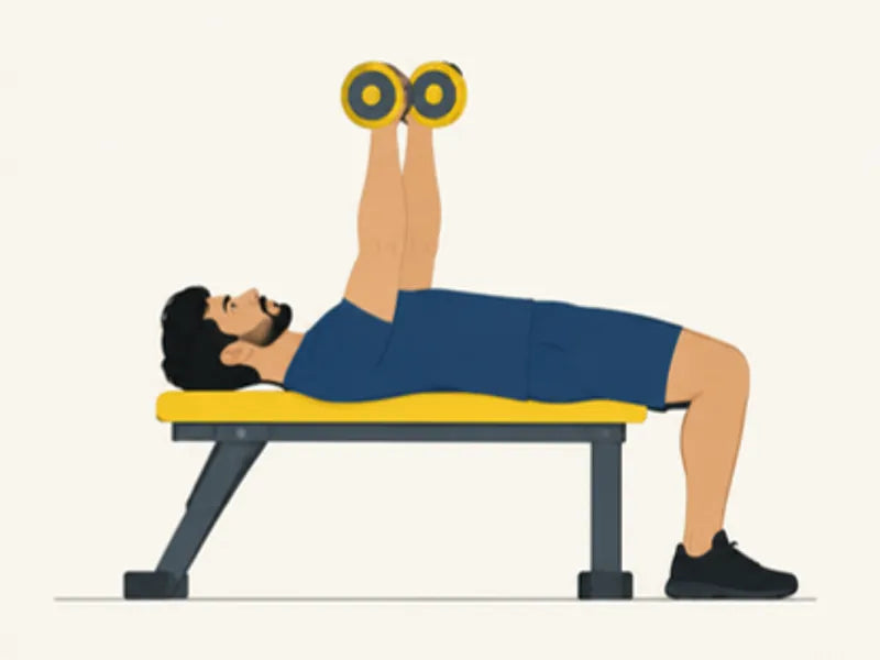 Dumbbell bench press: start, dumbbells above the chest