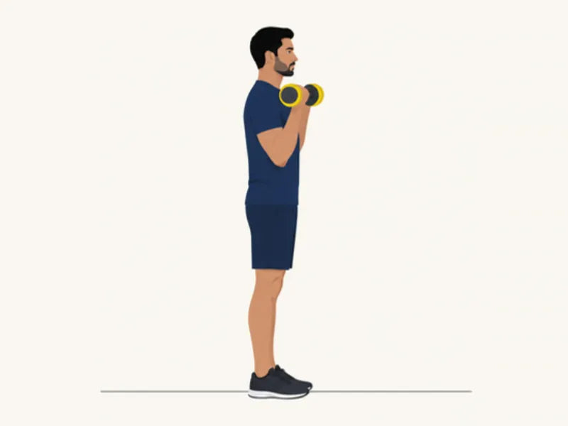 Dumbbell biceps curl: finish, dumbbells curled up