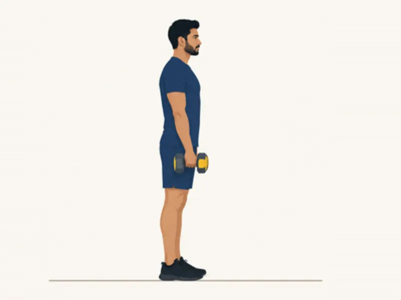 Dumbbell Romanian deadlift: start, standing tall with the dumbbells