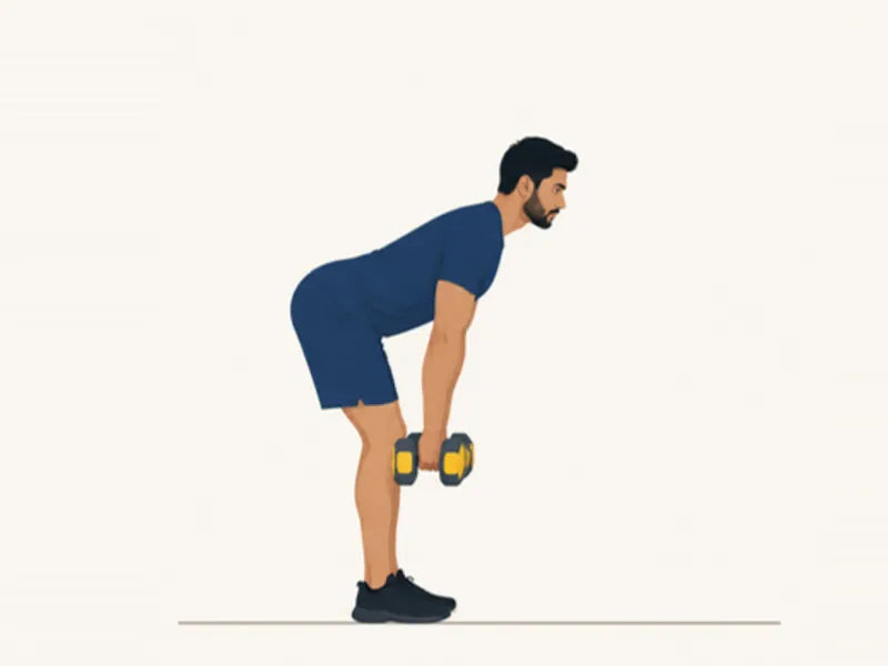 Dumbbell Romanian deadlift: finish, hips pushed back, dumbbells below the knees