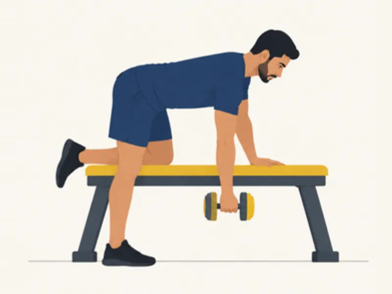 One-arm dumbbell row: start, arm hanging straight
