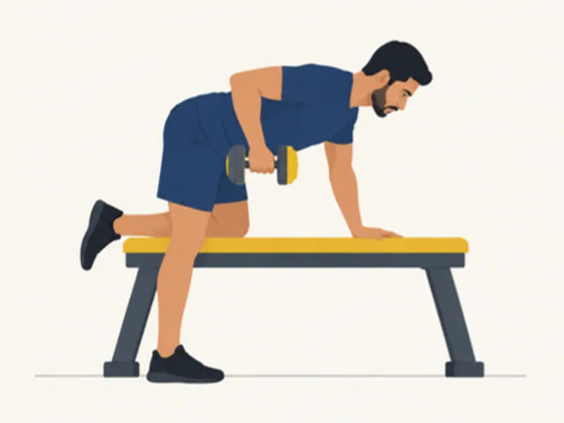 One-arm dumbbell row: finish, dumbbell pulled up to the hip