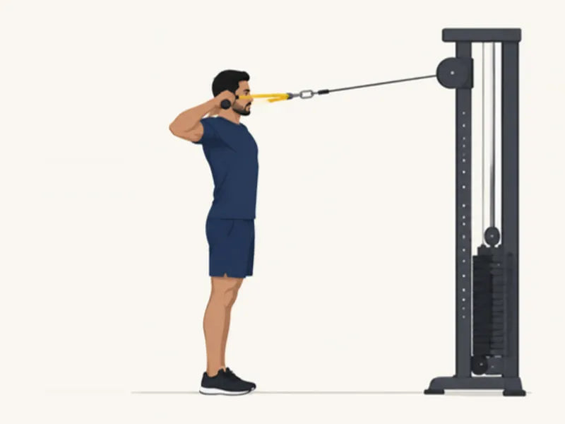 Cable face pull: finish, rope pulled towards the forehead