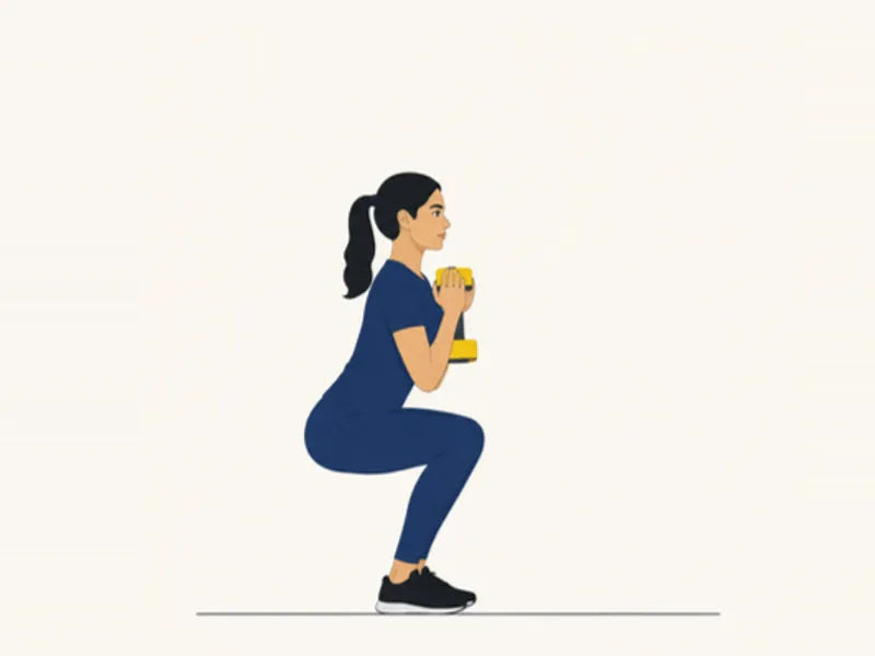 Dumbbell goblet squat: finish, at the bottom of the squat