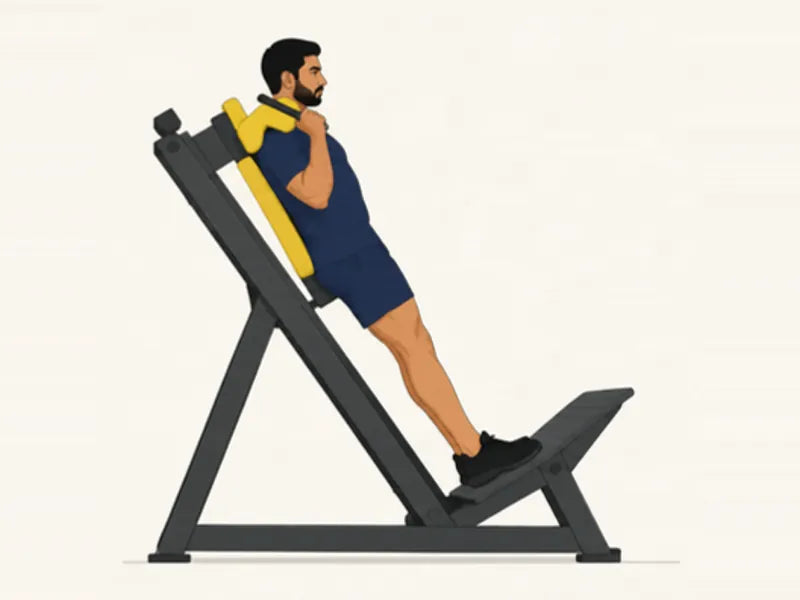 Hack squat machine: start, legs straight on the machine