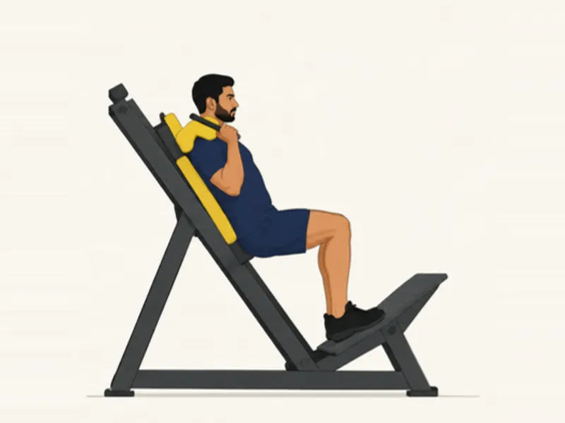Hack squat machine: finish, knees bent at the bottom