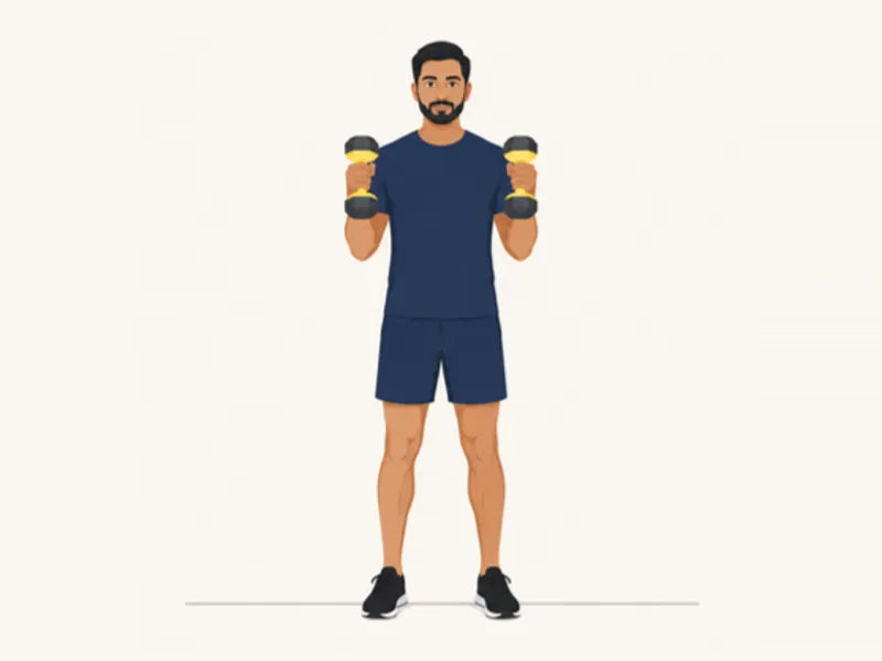 Hammer curl: finish, dumbbells curled up, palms facing in