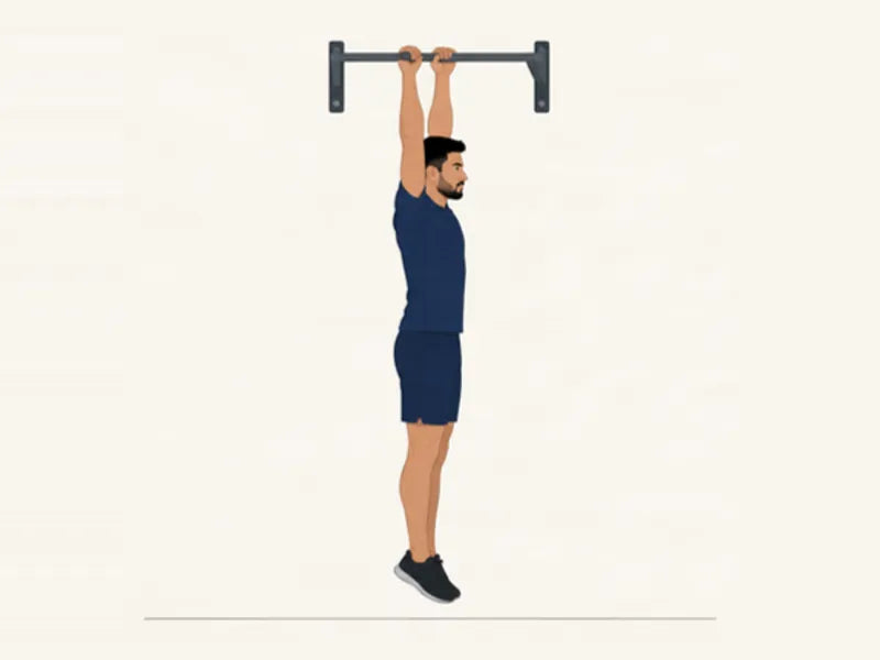 Hanging knee raise: start, hanging with straight legs