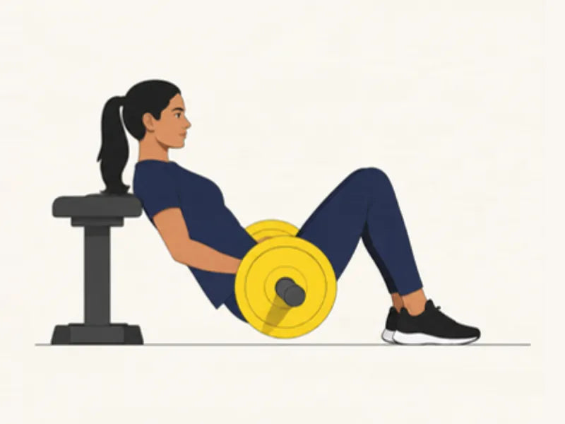 Barbell hip thrust: start, hips low, upper back on the bench