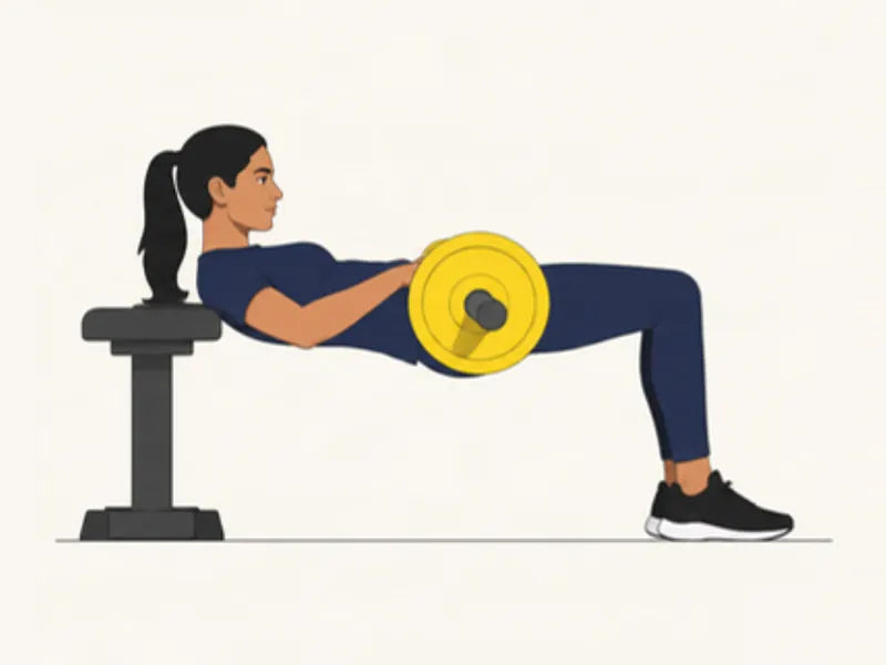 Barbell hip thrust: finish, hips lifted level with the knees