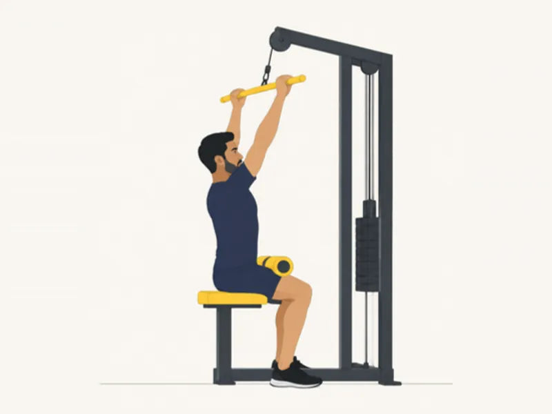 Lat pulldown: start, arms straight overhead on the bar