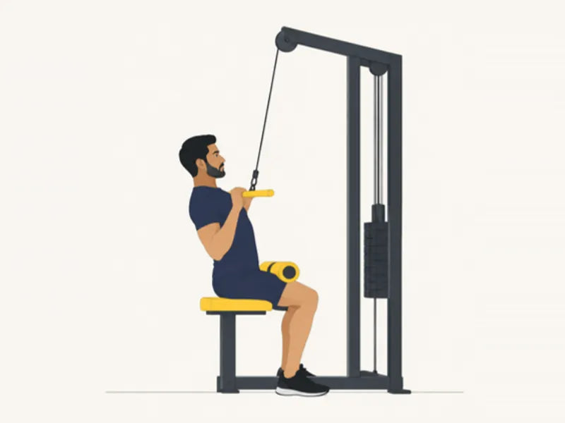Lat pulldown: finish, bar pulled to the top of the chest
