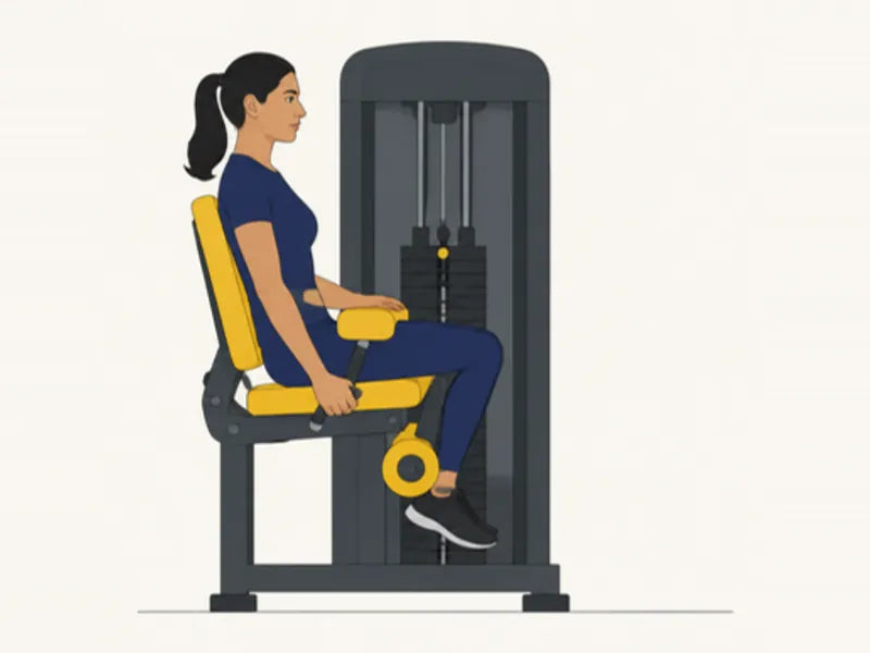 Seated leg curl: finish, knees bent, pad pulled under the seat