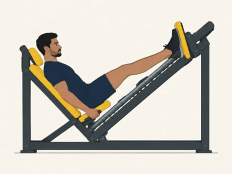 Leg press: start, knees bent at about 90 degrees