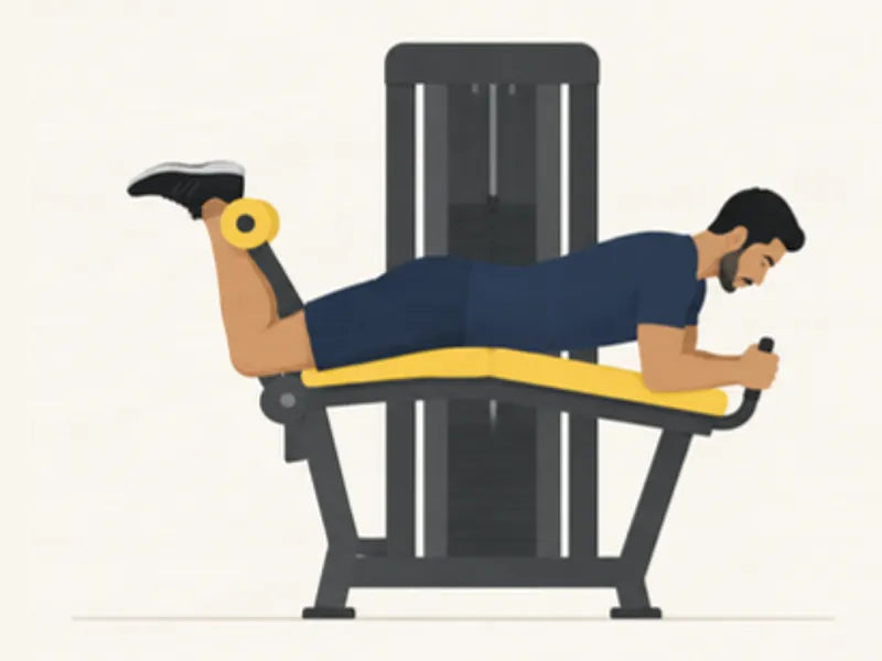 Lying leg curl: finish, knees bent, pad pulled up