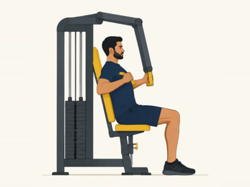 Machine chest press: start, handles beside the chest