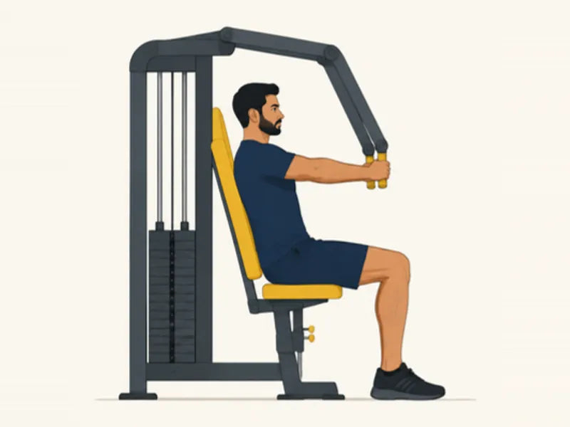 Machine chest press: finish, arms pushed straight