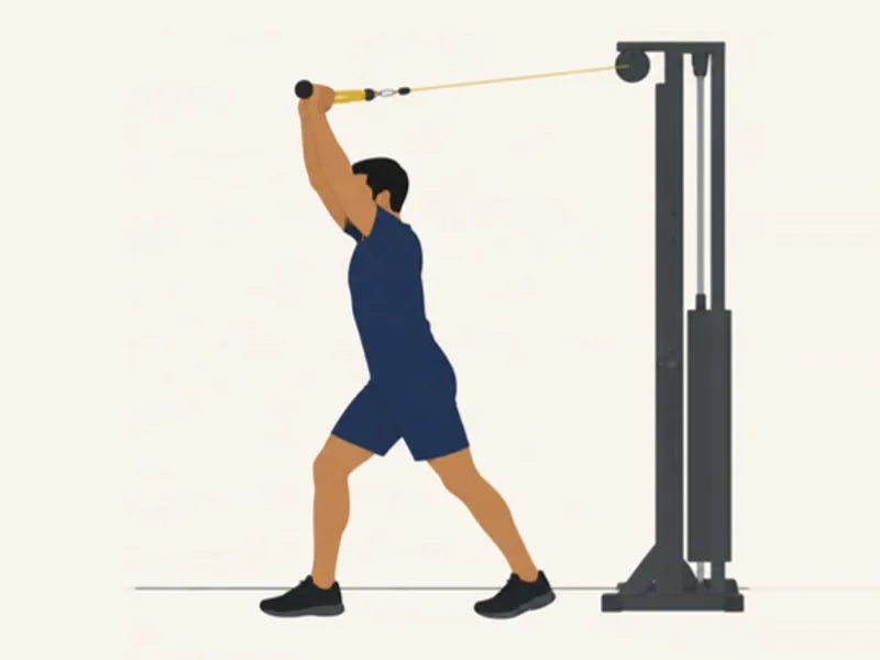 Overhead cable triceps extension: finish, arms straight forward and up