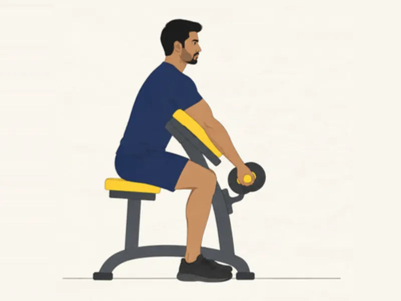 Dumbbell preacher curl: start, arm almost straight on the pad