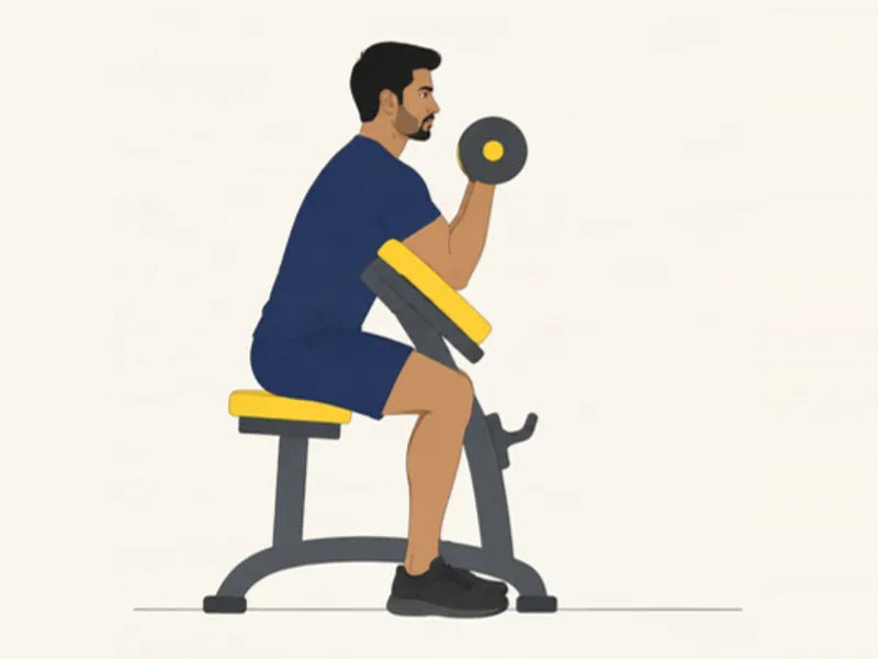 Dumbbell preacher curl: finish, dumbbell curled up