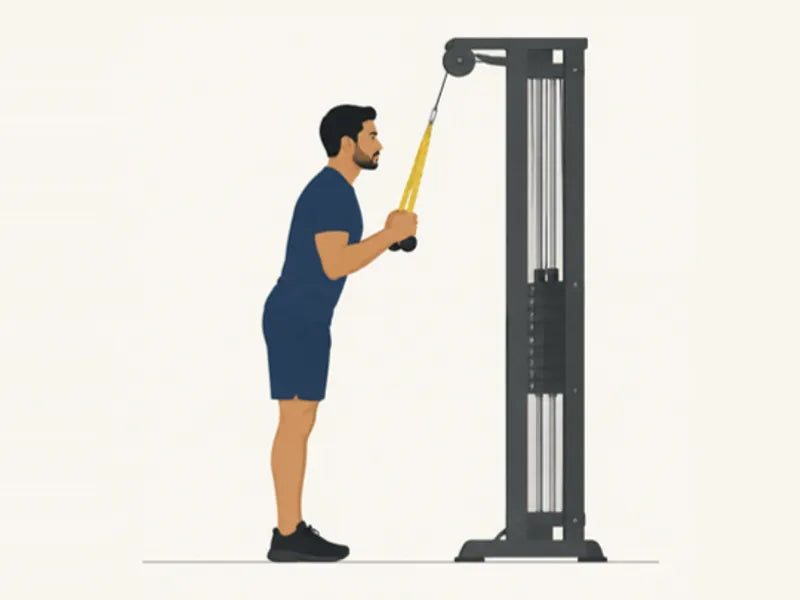 Rope pushdown: start, elbows bent at the sides