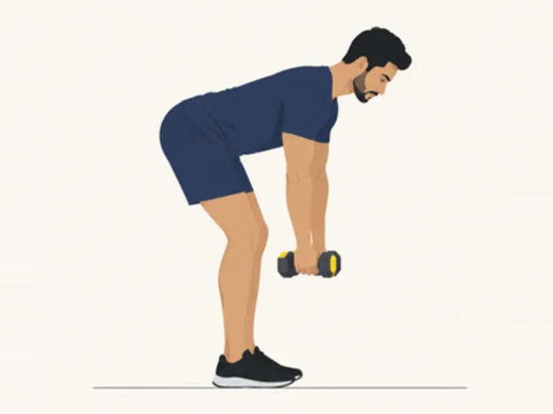 Bent-over rear delt fly: start, bent forward, arms hanging