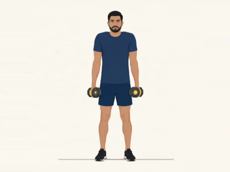 Dumbbell shrug: finish, shoulders lifted