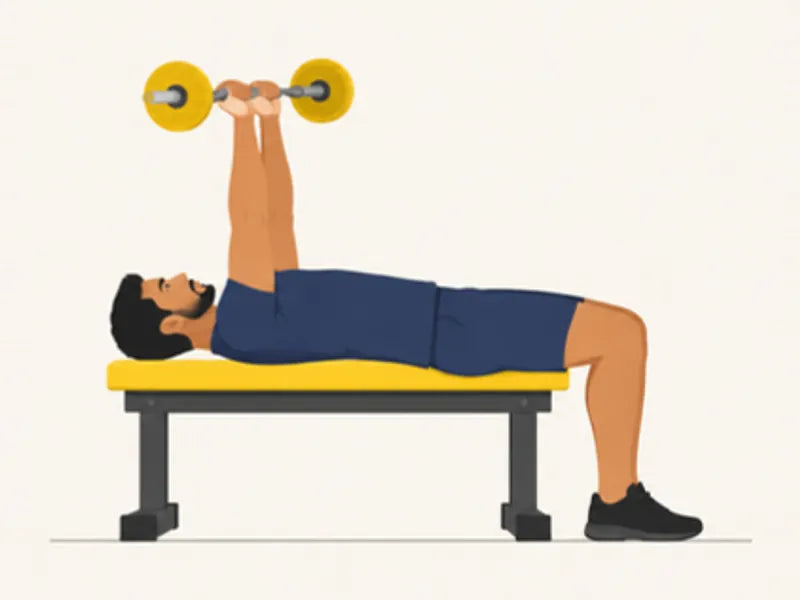 Lying triceps extension: start, bar above the chest