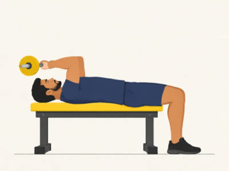 Lying triceps extension: finish, bar lowered towards the forehead