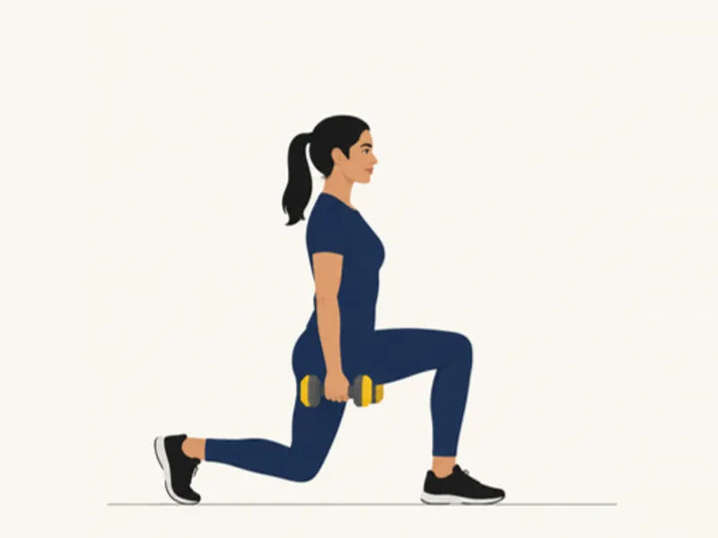 Dumbbell split squat: finish, back knee lowered towards the floor