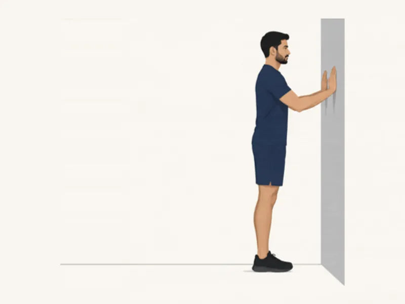 Wall calf stretch: start, hands on the wall, feet together