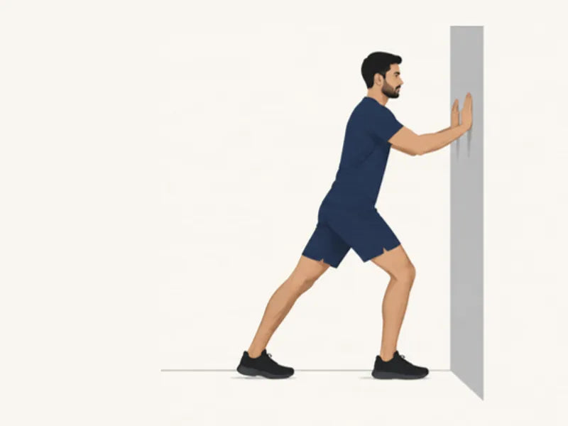 Wall calf stretch: finish, one leg back, heel down