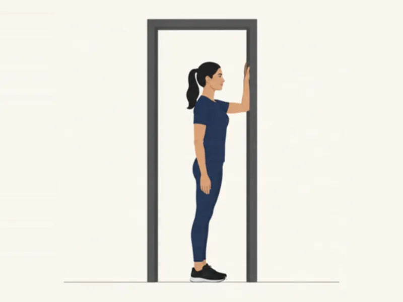 Doorway chest stretch: start, forearm on the door frame