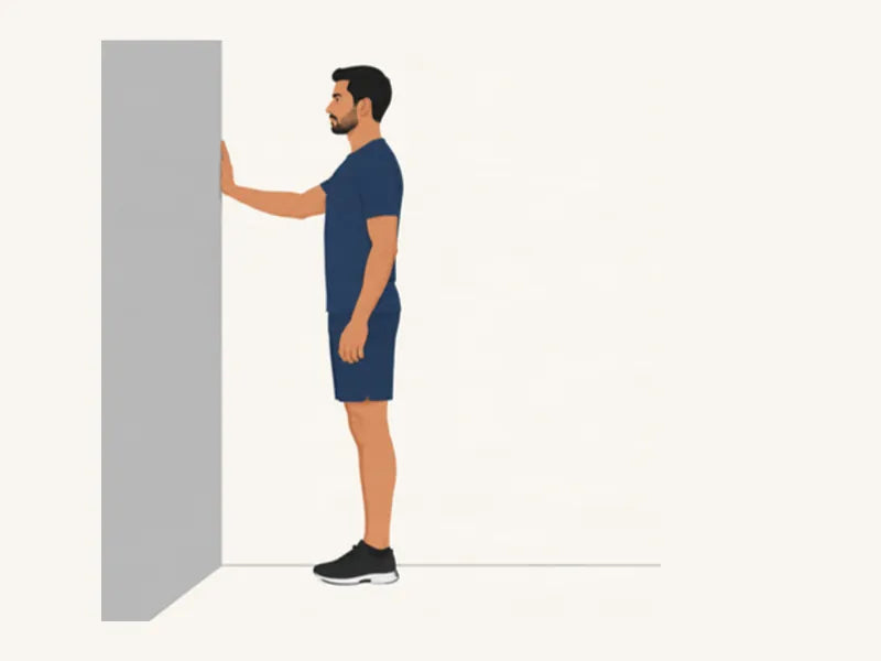 Standing quad stretch: start, standing at a wall