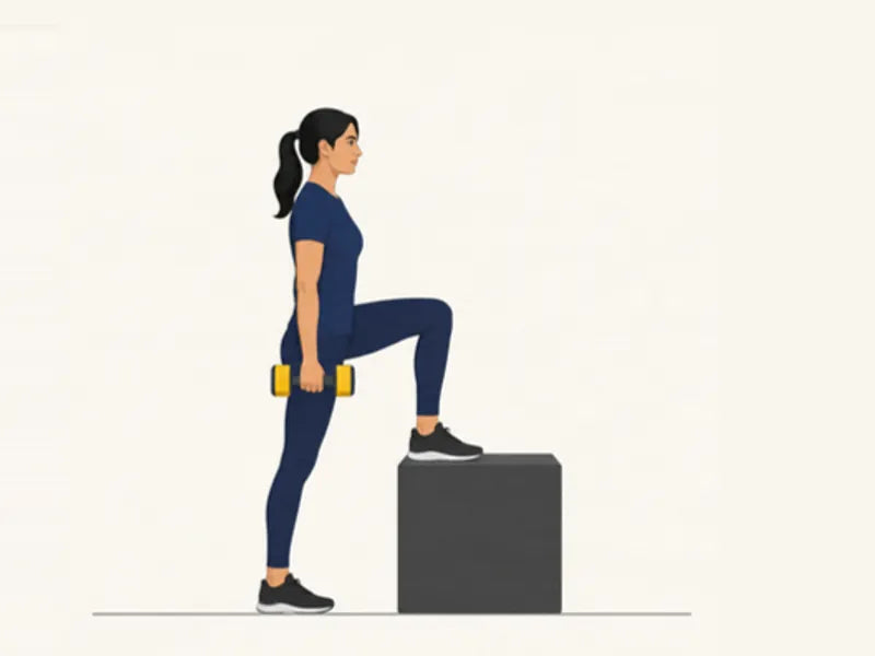 Dumbbell step-up: start, one foot on the box