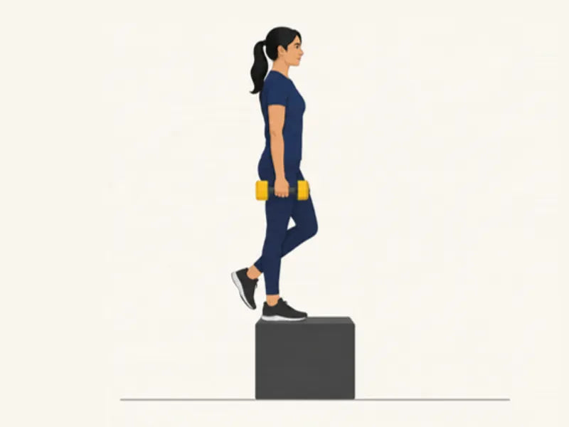 Dumbbell step-up: finish, standing on the box