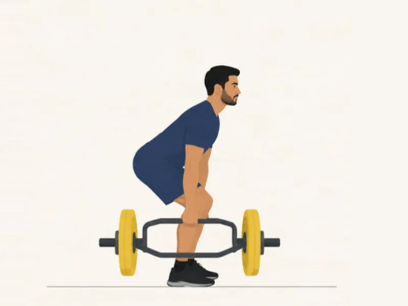 Trap bar deadlift: start, hips back, holding the trap bar