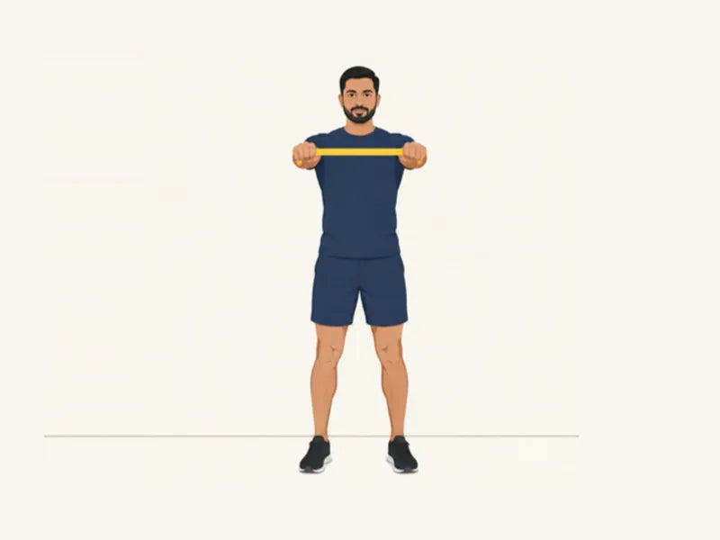 Band pull-apart: start, band in front of the chest
