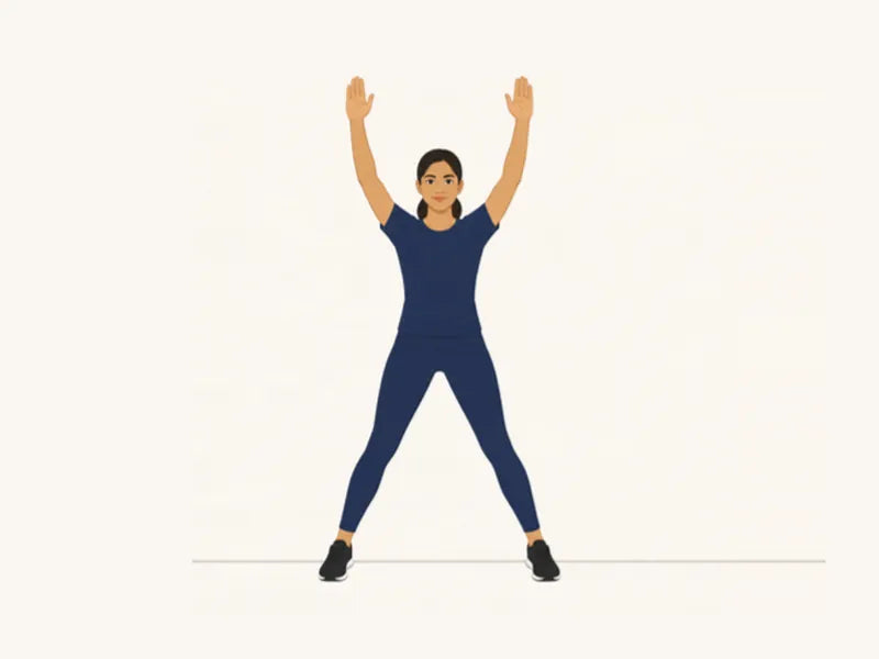 Jumping jacks: finish, feet apart, arms overhead