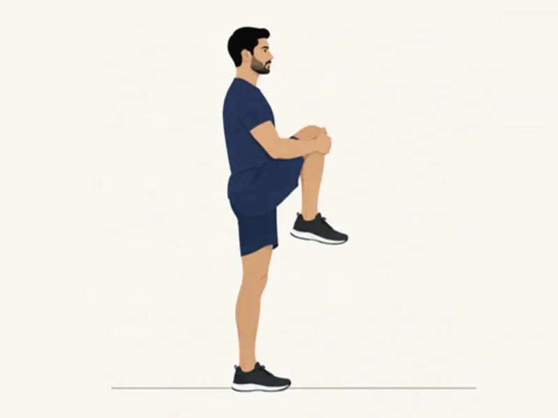 Walking knee hug: finish, knee pulled to the chest