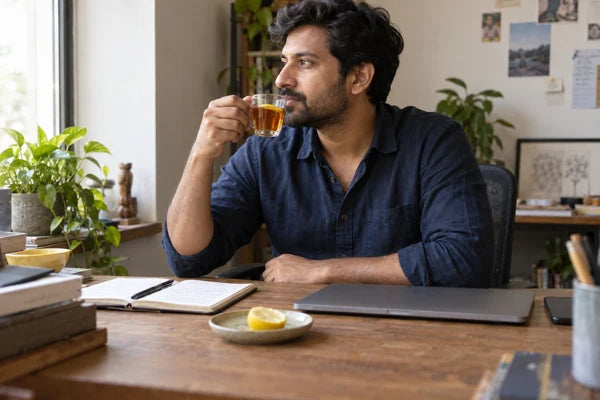 A man taking a tea break at his desk