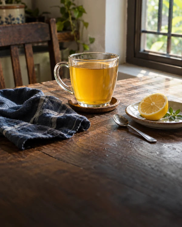 A glass of lemon tea on a wooden table beside a sunlit window