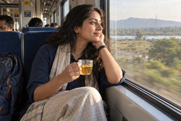 A woman holding tea while looking through a train window