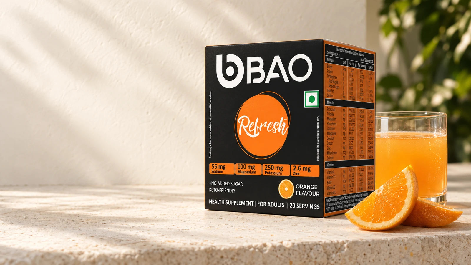 DietXP BAO Refresh orange hydration box with orange wedges and a glass of orange drink