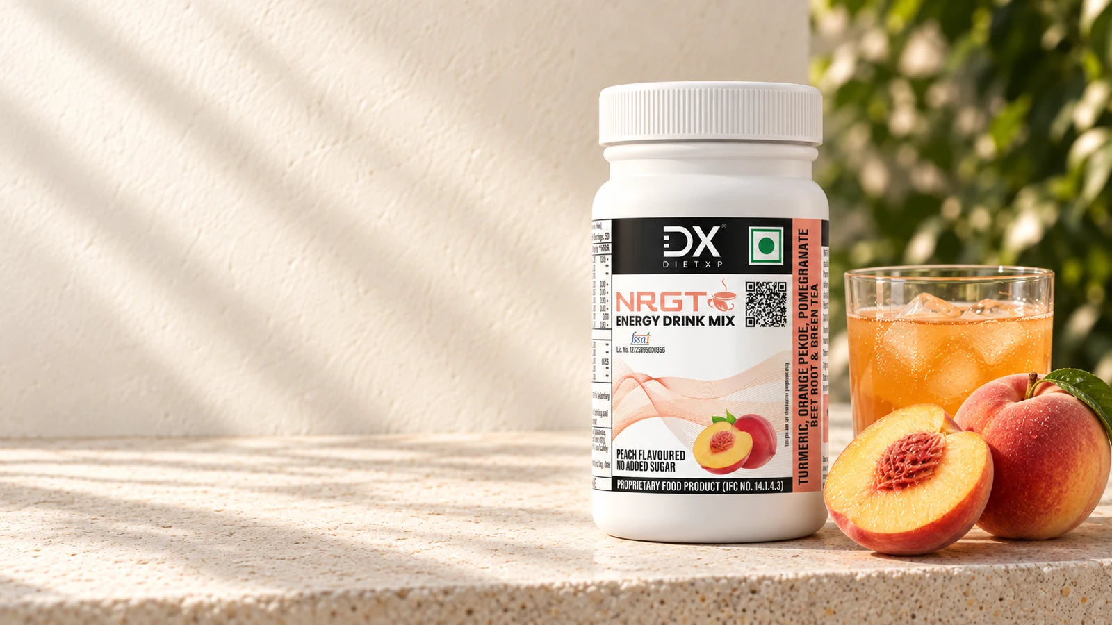 DietXP NRGT Peach Tea jar with fresh peaches and iced tea