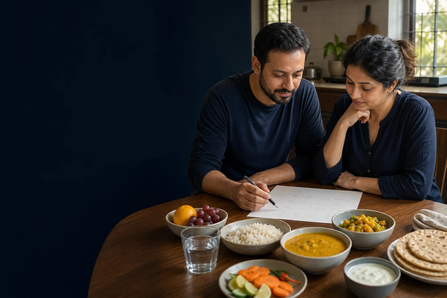 A couple planning Indian meals together at a table